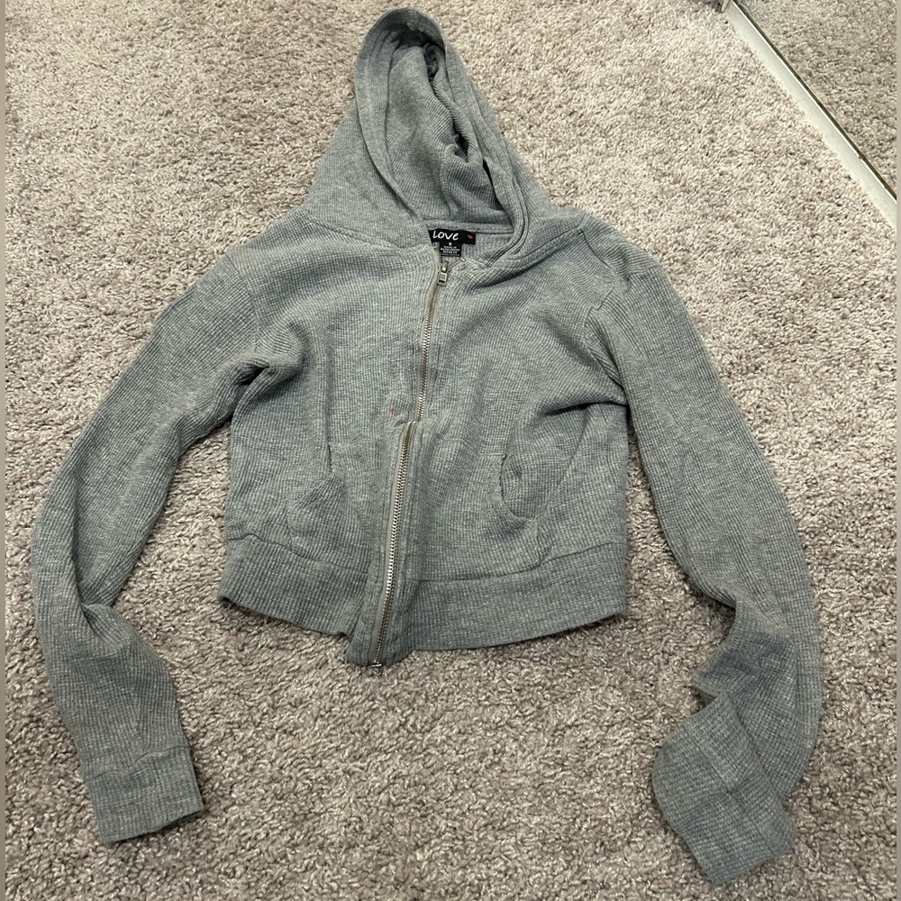 Small, grey, ribbed, long sleeve hooded, crop sweater one small stain